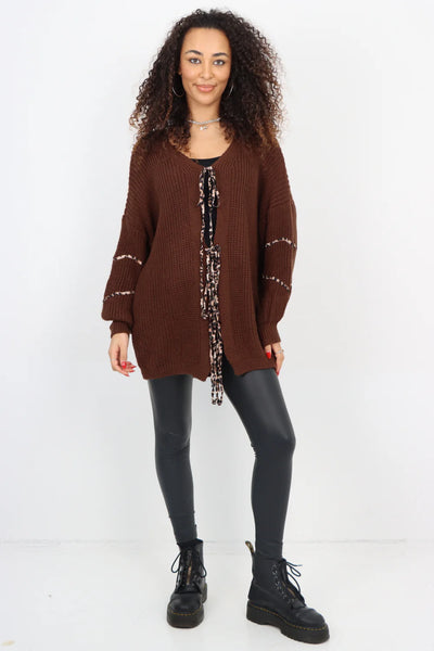 Italian Triple Tie Front Animal Print Chunky Knit Love Heart Cardigan