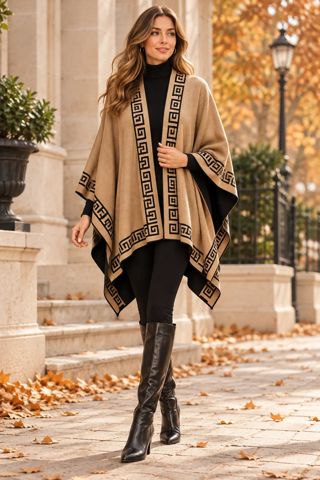 A woman stands on a stone walkway outdoors wearing a beige wrap poncho with black Greek key pattern borders, a black turtleneck, black leggings, and black knee-high boots.