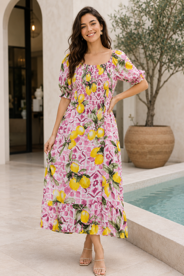 Lemon Print Shirred Midi Dress