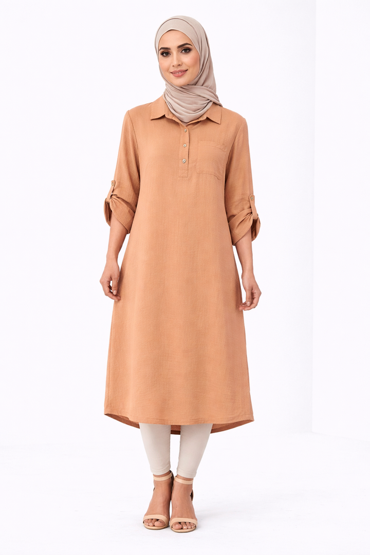 Plain Modest Long Sleeve Midi Dress