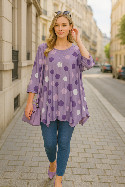 Polka Dot Long-Sleeve Round Neck Oversized Tunic Top