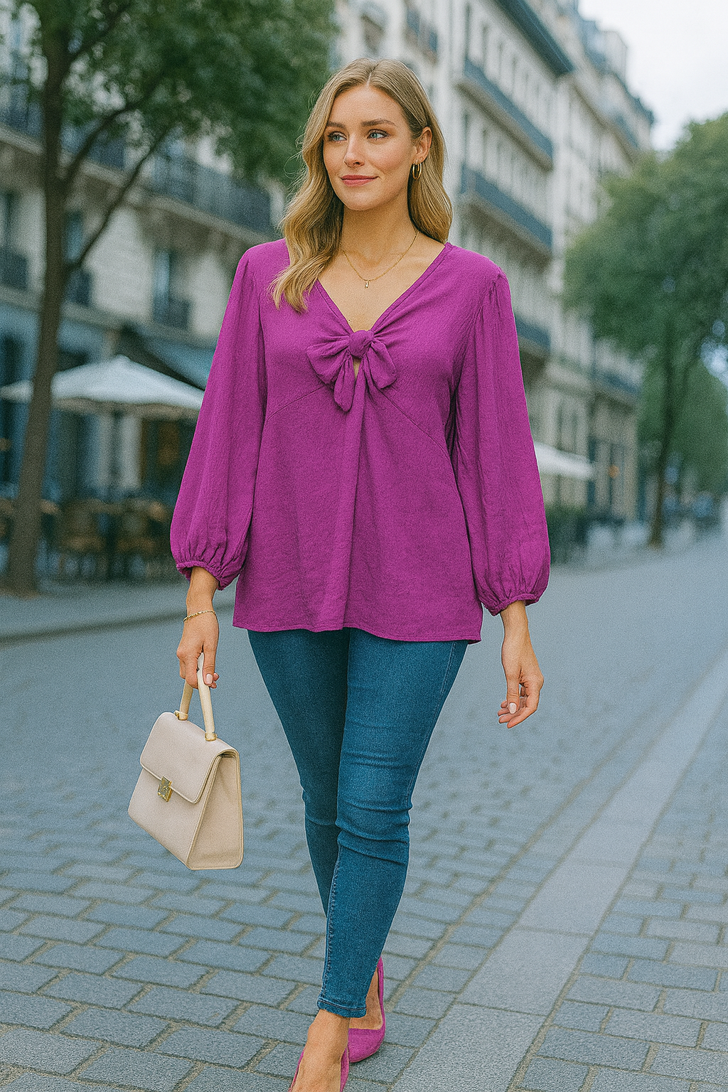 Tie Front V-neck Long Sleeve Oversized Tunic Top