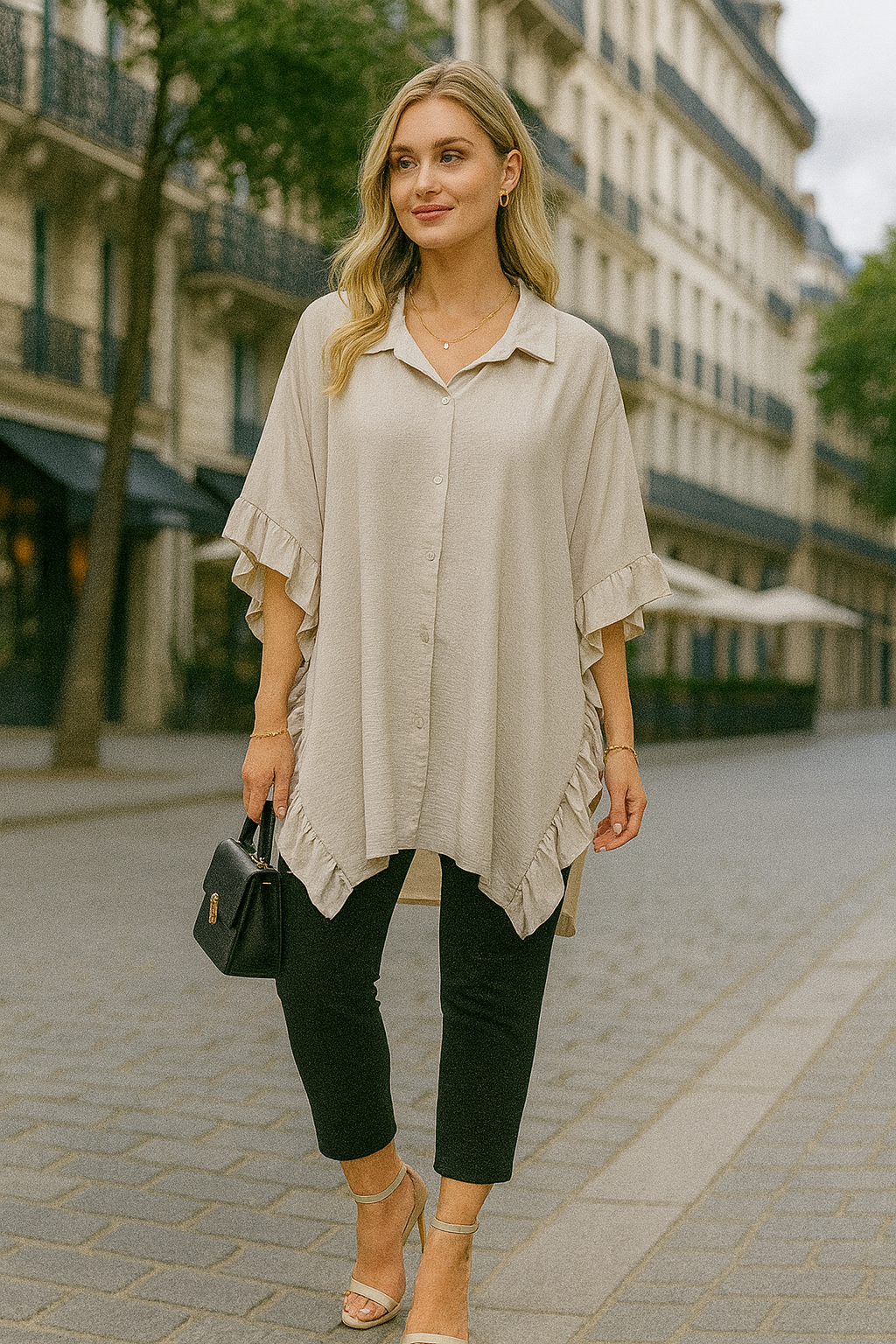 Side Frill Oversized Tunic Shirt Button Down/Up