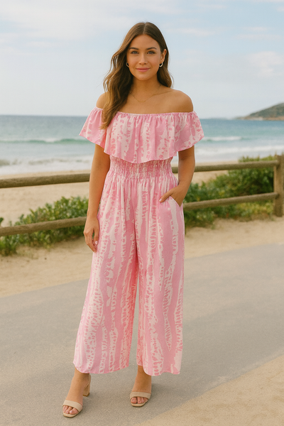 Frill Bardot Layer Sleeveless Shirred Elasticated Waist Printed Jumpsuit