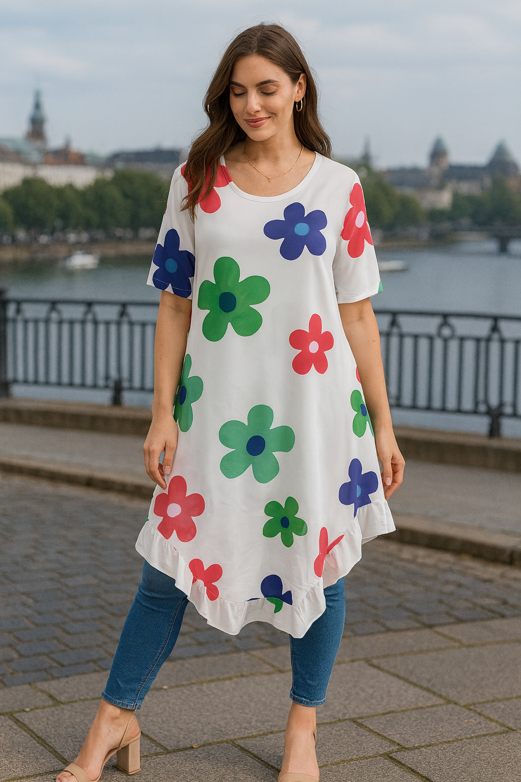 Daisy Floral Frill Hem Tunic Dress 2 Side Inside Pockets