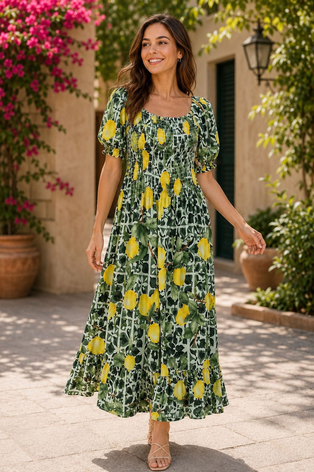 Lemon Print Shirred Midi Dress