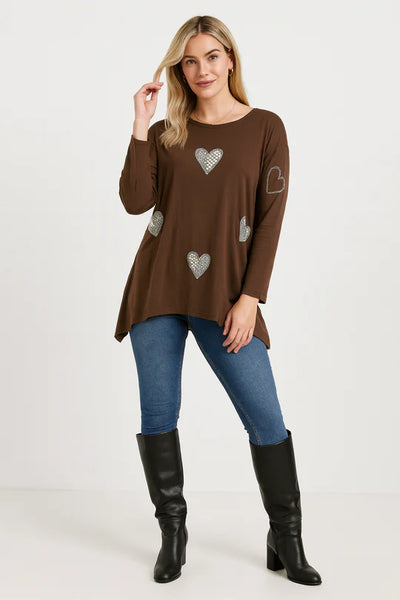 Italian Soft Knit Pearl Diamante Heart Print Oversized Tunic Jumper Top
