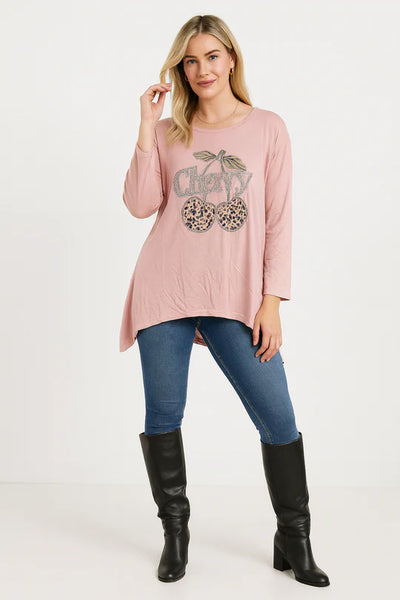 Italian Soft Knit Cherry Print Oversized Tunic Jumper Top