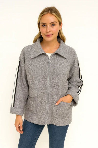 Italian Stripe Zip Pockets Collared Boucle Teddy Short Jacket Coat