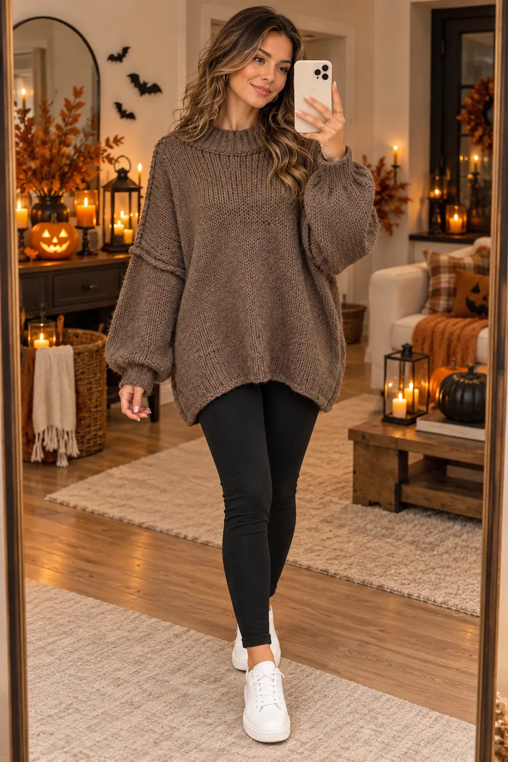 A woman takes a mirror selfie wearing an oversized, chunky-knit brown sweater, black leggings, and white sneakers in a cozy, warmly lit living room decorated for Halloween.