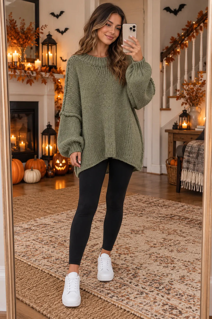 A woman takes a mirror selfie wearing an oversized, chunky-knit sage green sweater, black leggings, and white sneakers in a cozy, warmly lit Halloween-themed living room decorated with pumpkins, lanterns, and bats.