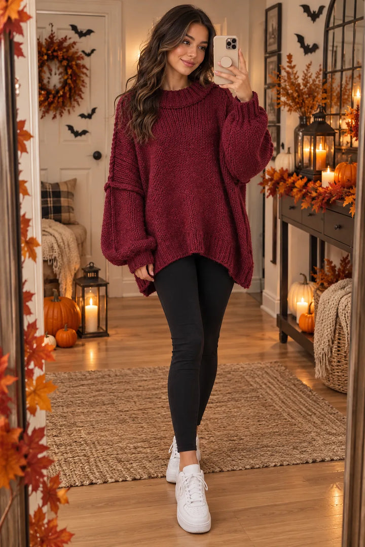 A woman takes a mirror selfie in a cozy, autumn-decorated room, wearing a chunky knit burgundy sweater, black leggings, and white sneakers.