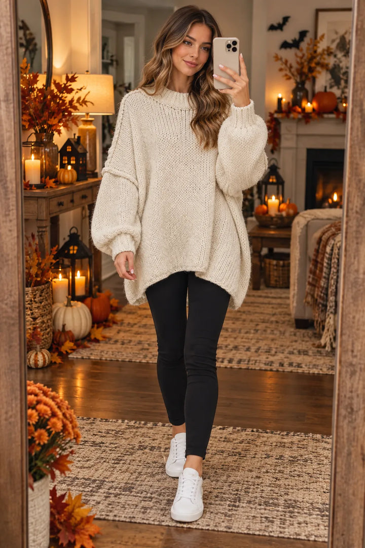A woman takes a mirror selfie in a cozy, fall-themed living room wearing a chunky cream knit sweater, black leggings, and white sneakers.