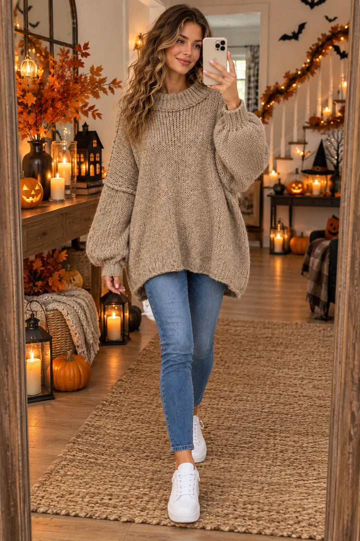A woman takes a mirror selfie wearing an oversized beige knit sweater with balloon sleeves, blue skinny jeans, and white sneakers in a cozy, warmly lit autumn-themed room decorated with pumpkins, candles, and fall garlands.