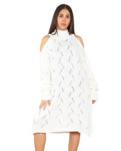 Ribbed High Neck Long Sleeve Chunky Knitted Midi Dress