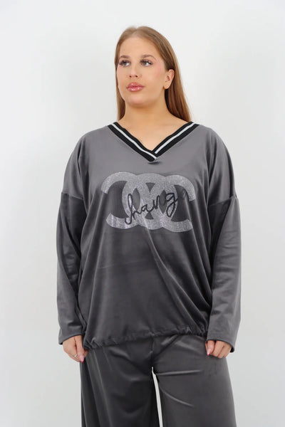 Italian V Neck CC Print Top and Bottom Velour Co - Ord Set