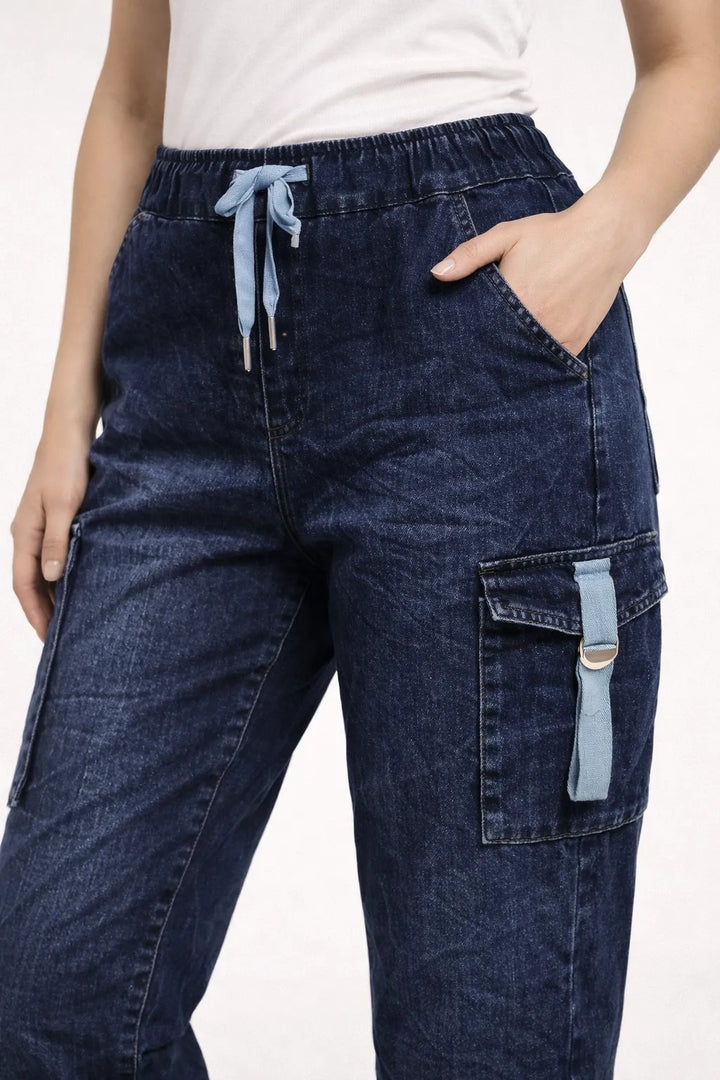 Dark Blue Denim Cargo Joggers – Stretch Waist Slim Fit