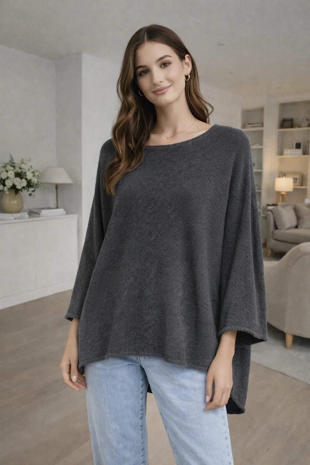  Dark Grey color Chunky Knit Oversized Batwing Jumper Top
