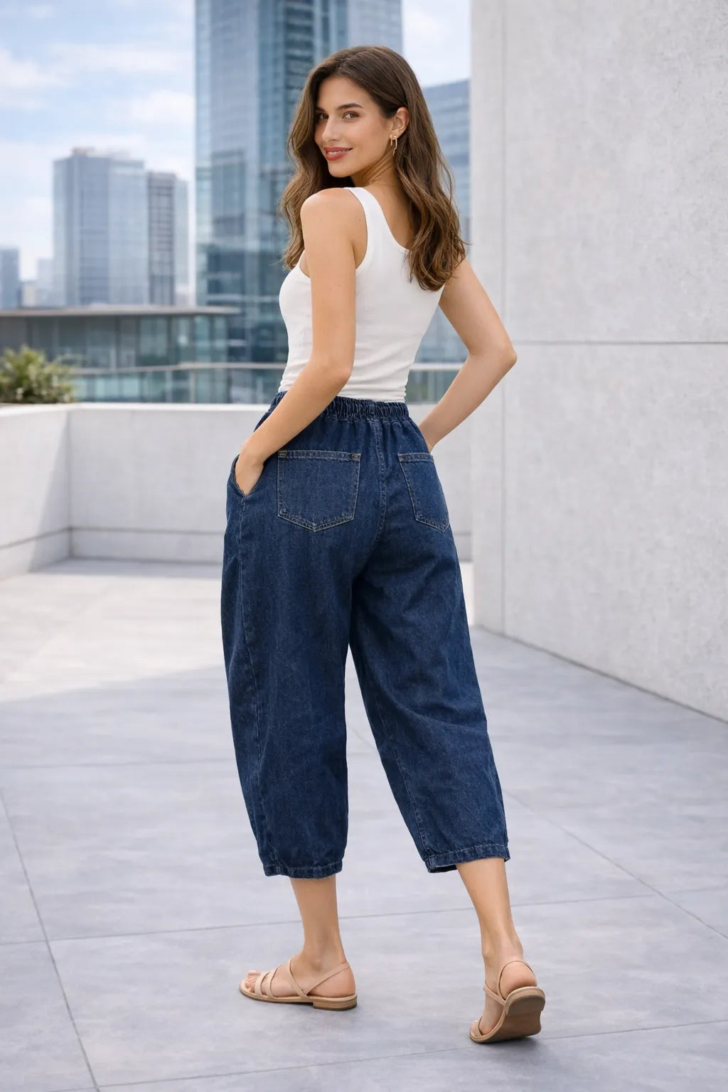 Dark Wash Cropped Denim Harem Trousers with Back Pockets