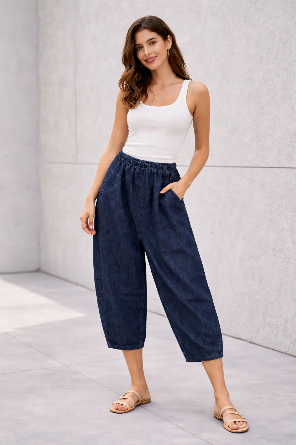 Dark Wash Cropped Denim Harem Trousers with Side & Back Pockets