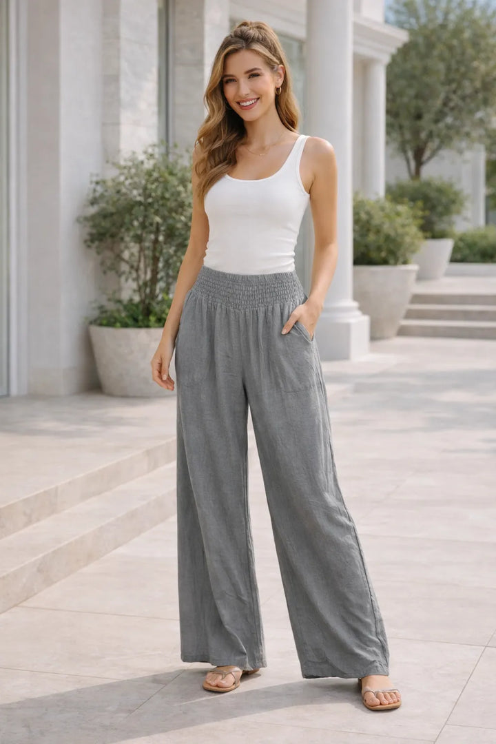 Dark grey wide leg smocked waist trousers for women UK