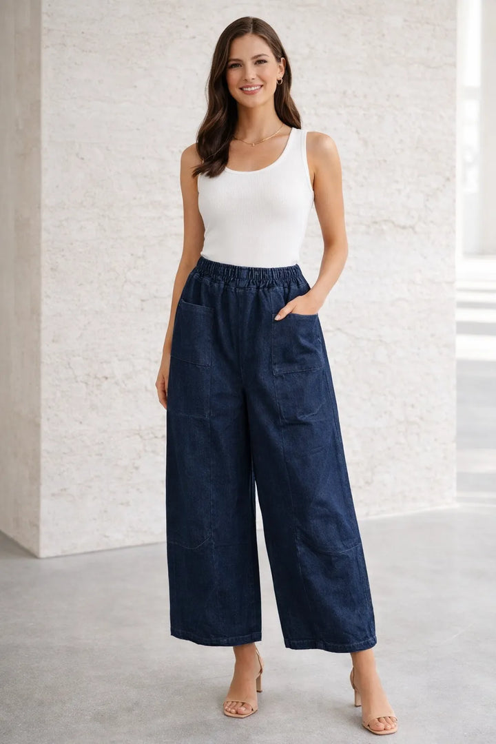 Dark wash Womens Wide-Leg Denim Trousers with Elasticated Waist