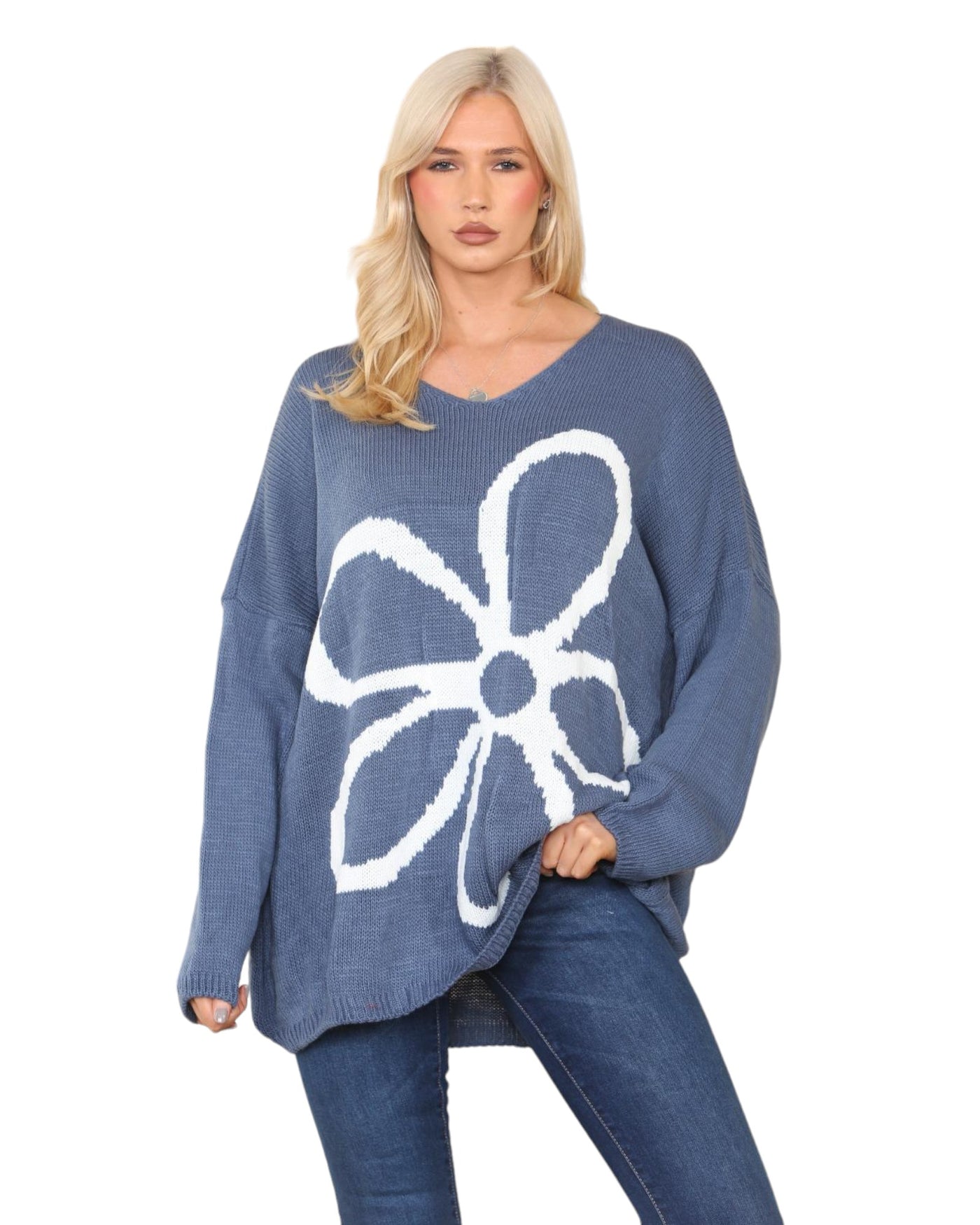 Oversized  Long Sleeve Floral Print  Knitted Jumper Top