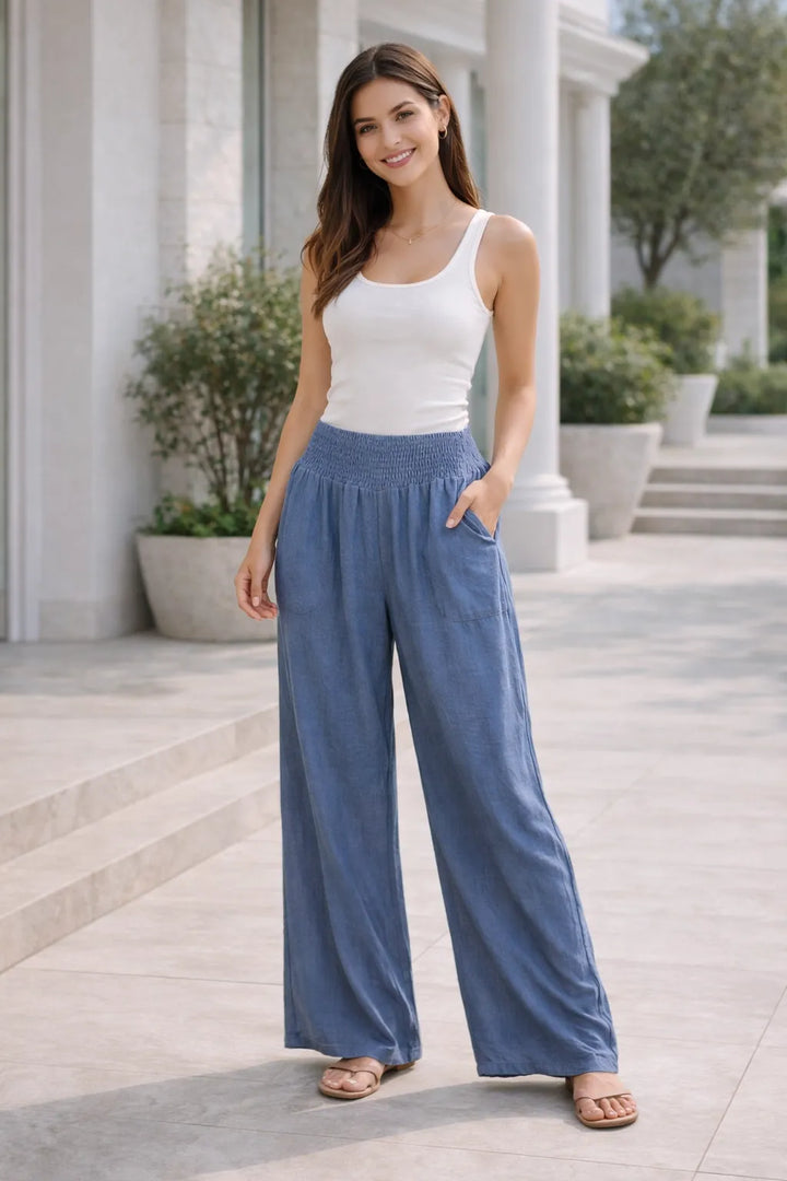 Denim blue wide leg elasticated waist trousers for women UK