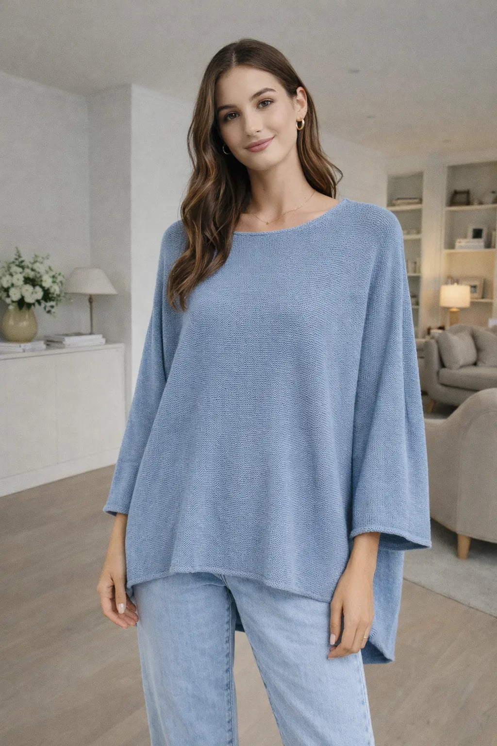 Denim color Chunky Knit Oversized Batwing Jumper Top