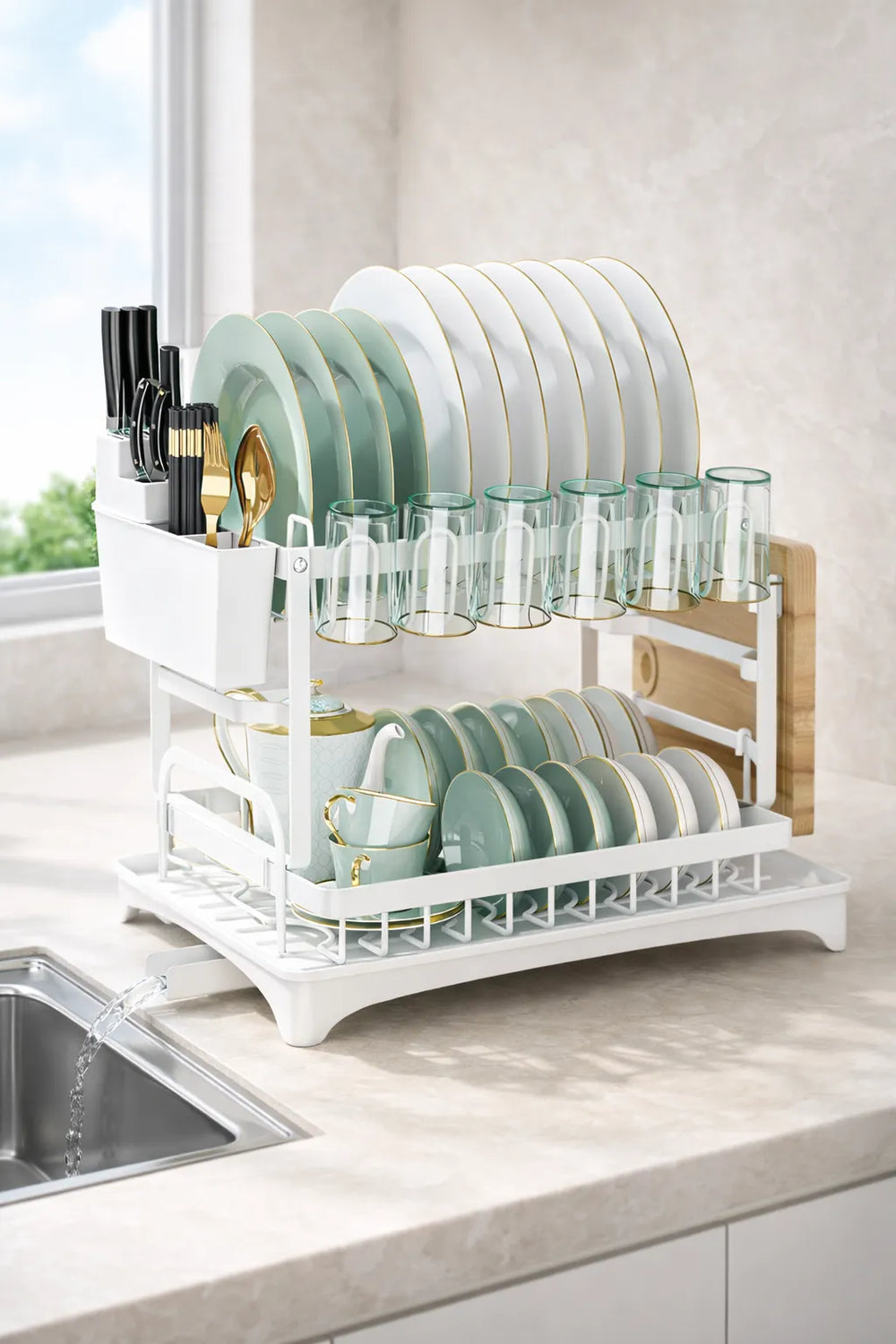 Dish rack with plates, glasses, and cups on a kitchen counter.