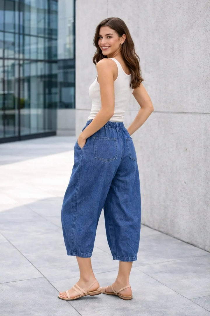 Elastic Waist Cropped Denim Harem Trousers With Back Pockets 