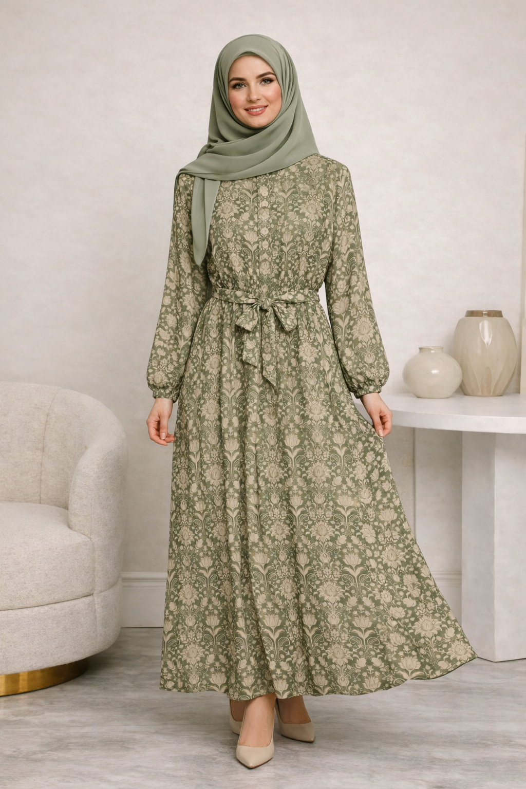 Chiffon Floral Print Modest Maxi Dress