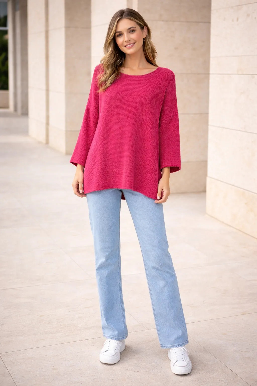 Fuchsia Chunky Knit Oversized Batwing Jumper Top