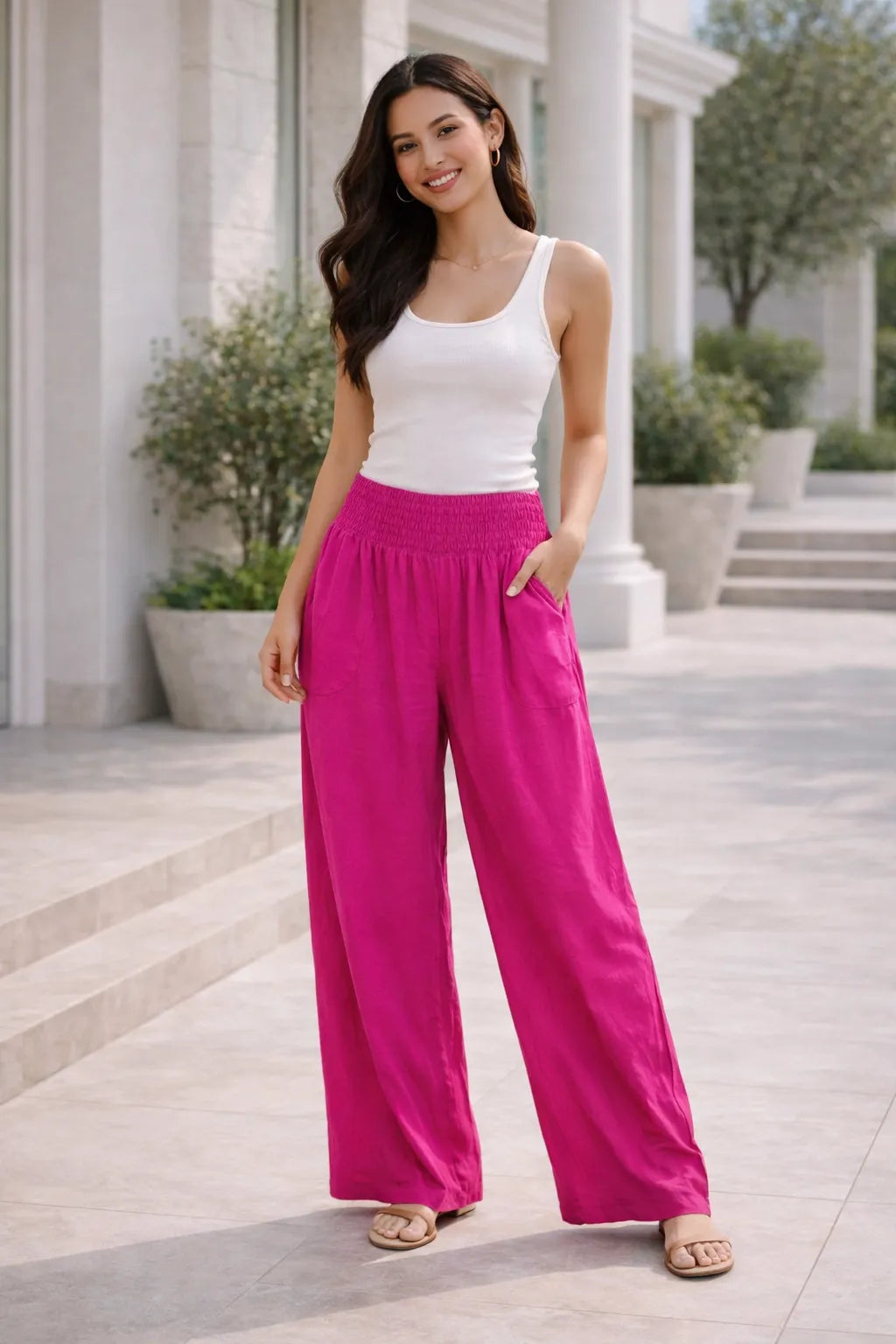 Fuchsia wide leg smocked waist trousers for women UK fashion
