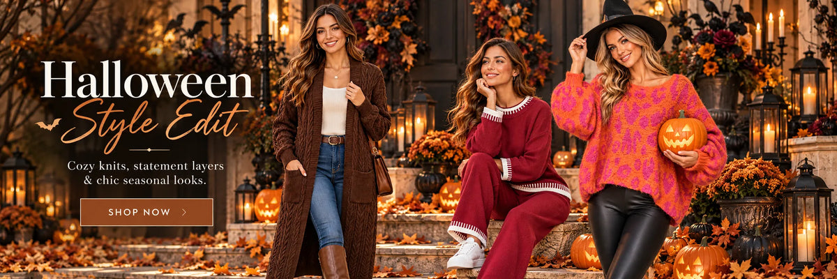 Three women pose in cozy fall outfits in an autumn-themed outdoor setting with pumpkins, lanterns, and fall foliage. Large text on the left reads 'Halloween Style Edit' with 'Cozy knits, statement layers & chic seasonal looks' and a 'SHOP NOW' button.
