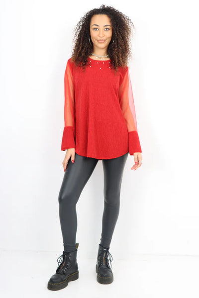 Italian Pearl Stud Detail Mesh Net Sleeve Shimmer Top