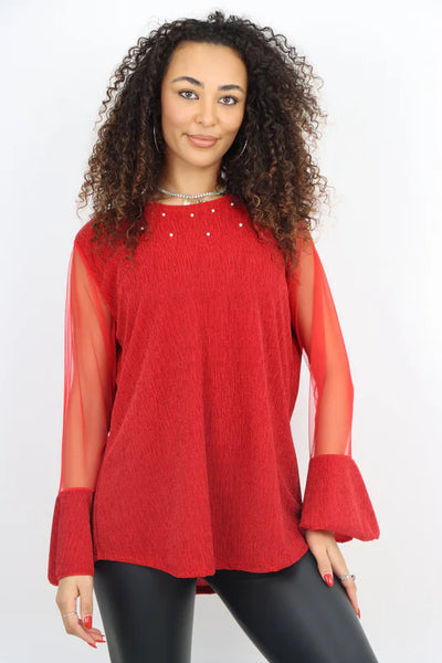 Italian Pearl Stud Detail Mesh Net Sleeve Shimmer Top