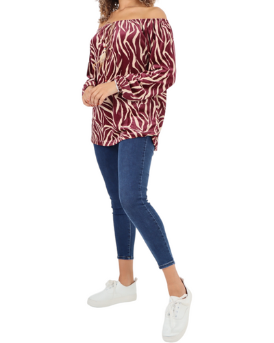 Off The Shoulder Animal Print Velour Tunic