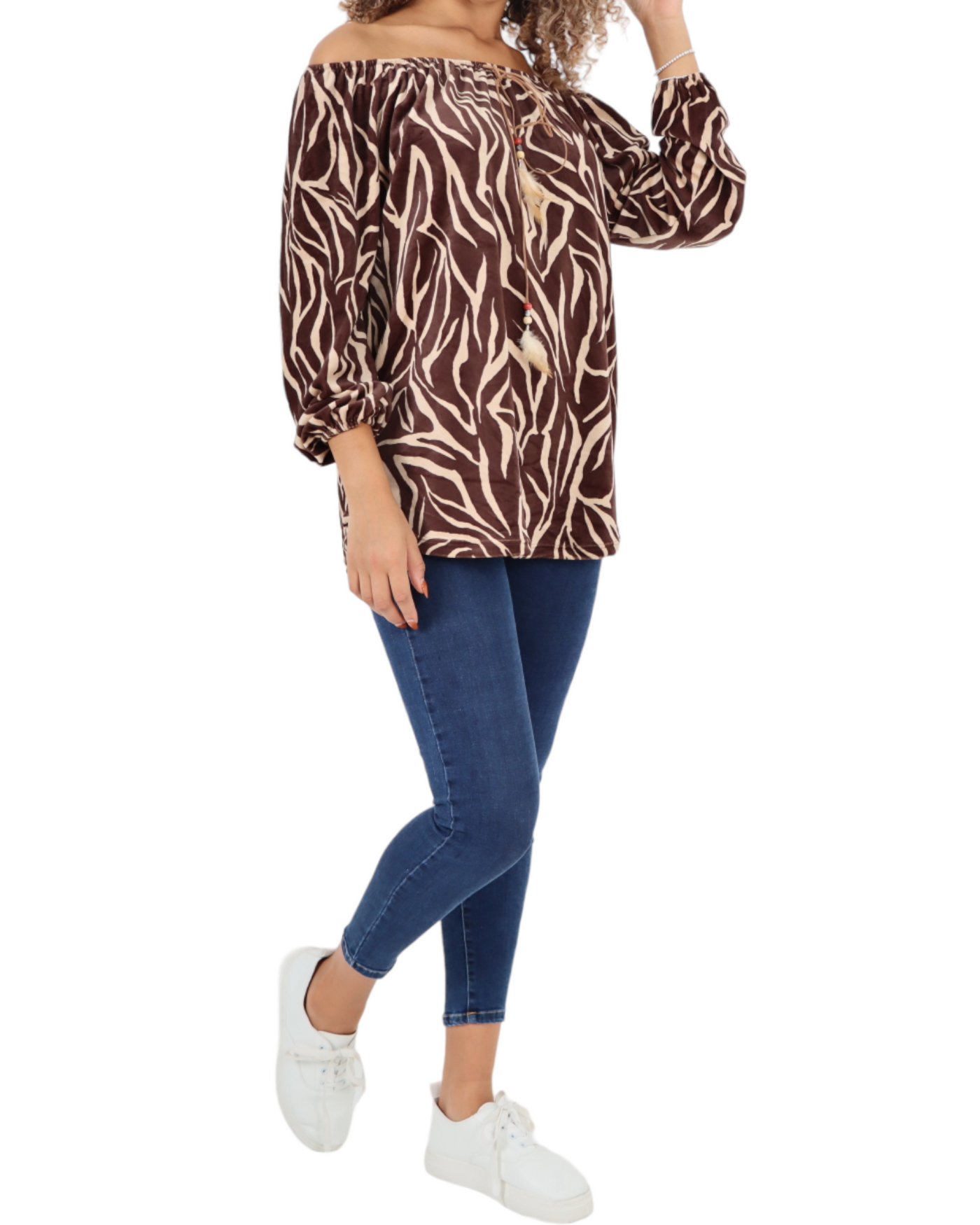 Off The Shoulder Animal Print Velour Tunic