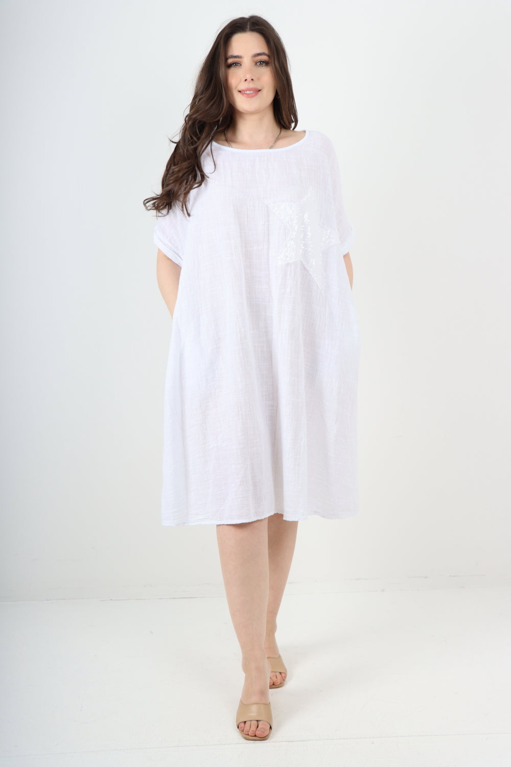 Sequin Patch Star Short Sleeve Midi Dress