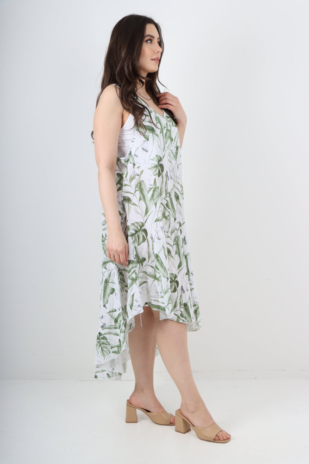 Leaf Print Dip Hem Sleeveless Vest Midi Dress