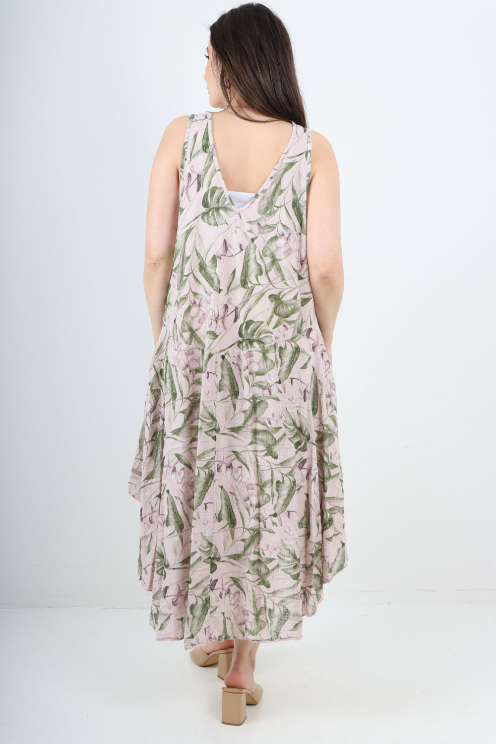 Leaf Print Dip Hem Sleeveless Vest Midi Dress
