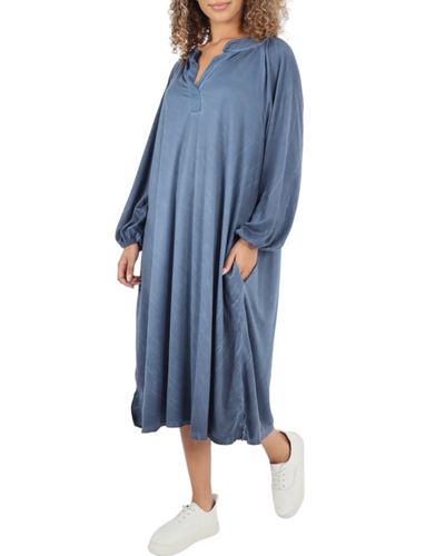 Plain Long Sleeve Side Pockets Midi Dress