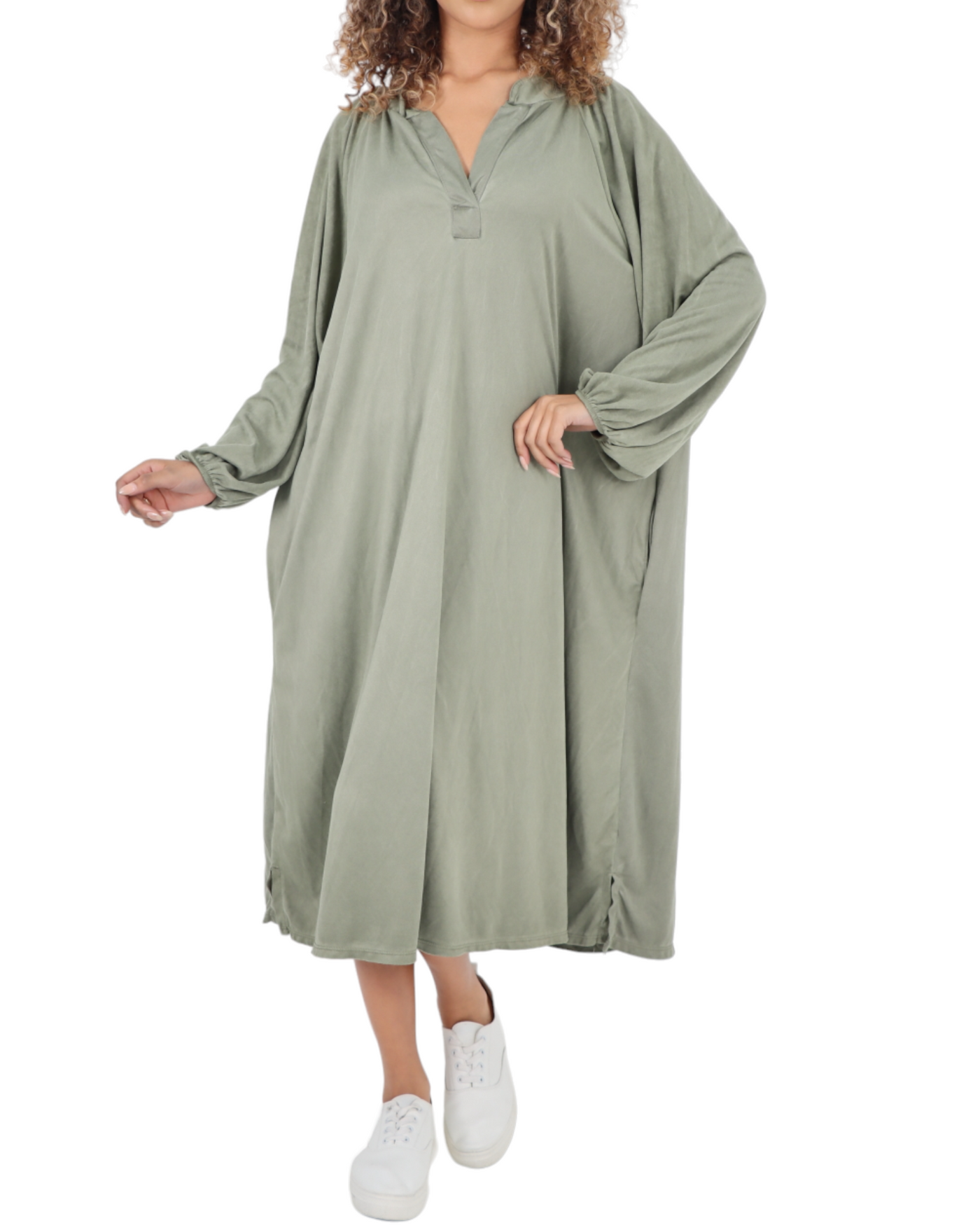 Plain Long Sleeve Side Pockets Midi Dress