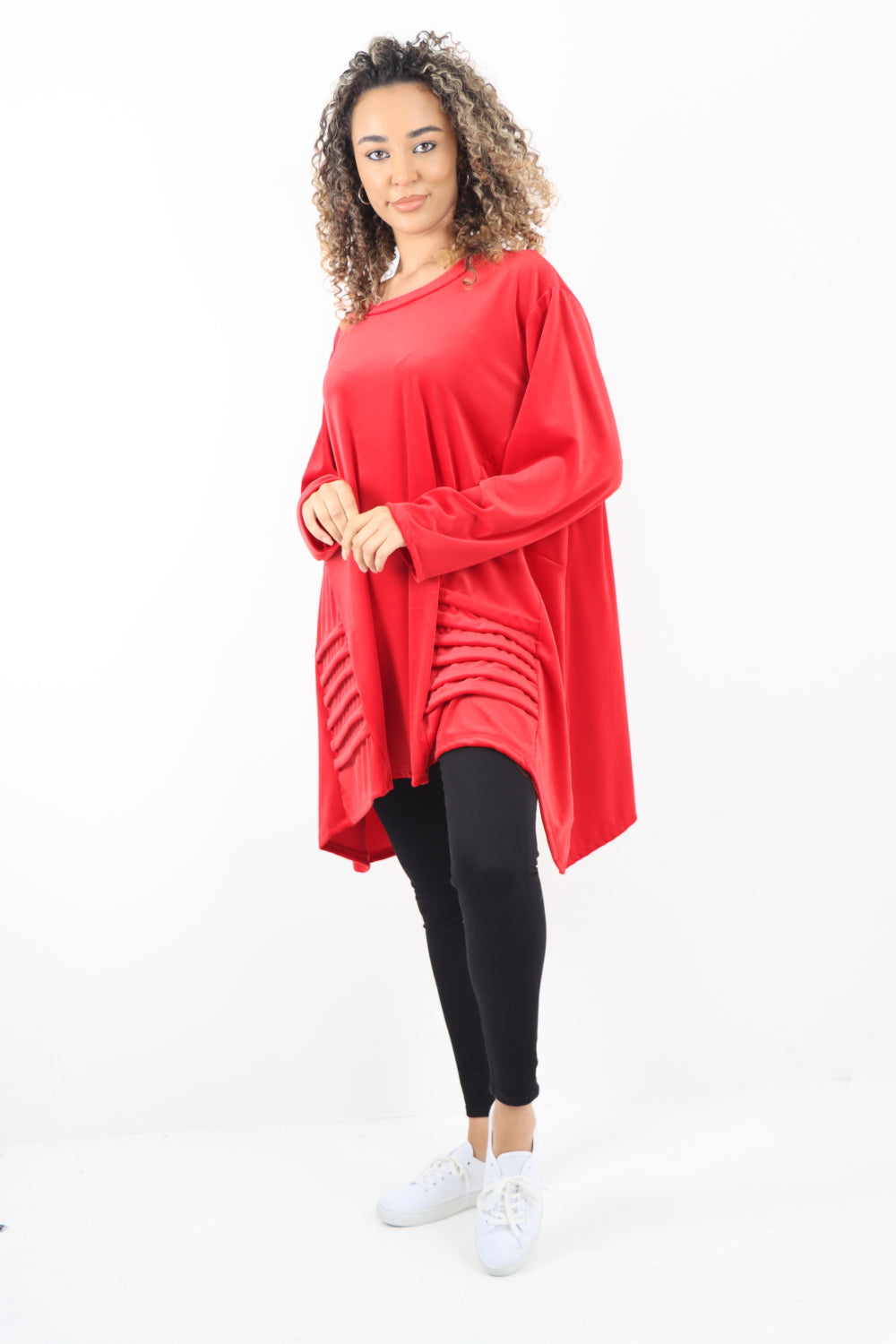 Oversized Velour Pleat Detail Long Sleeve  Round Neck Tunic Top