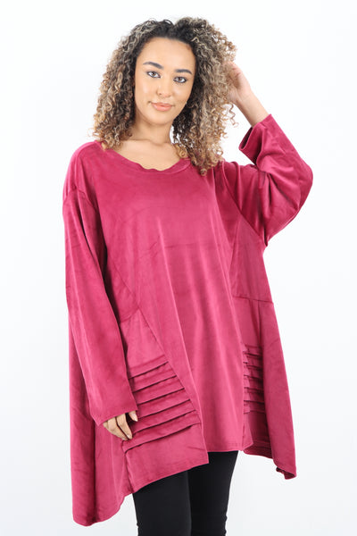 Oversized Velour Pleat Detail Long Sleeve  Round Neck Tunic Top