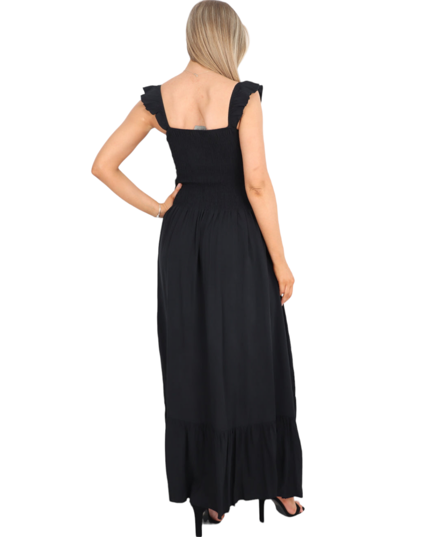 Frill Strap Shirred Elasticated Tiered Maxi Dress