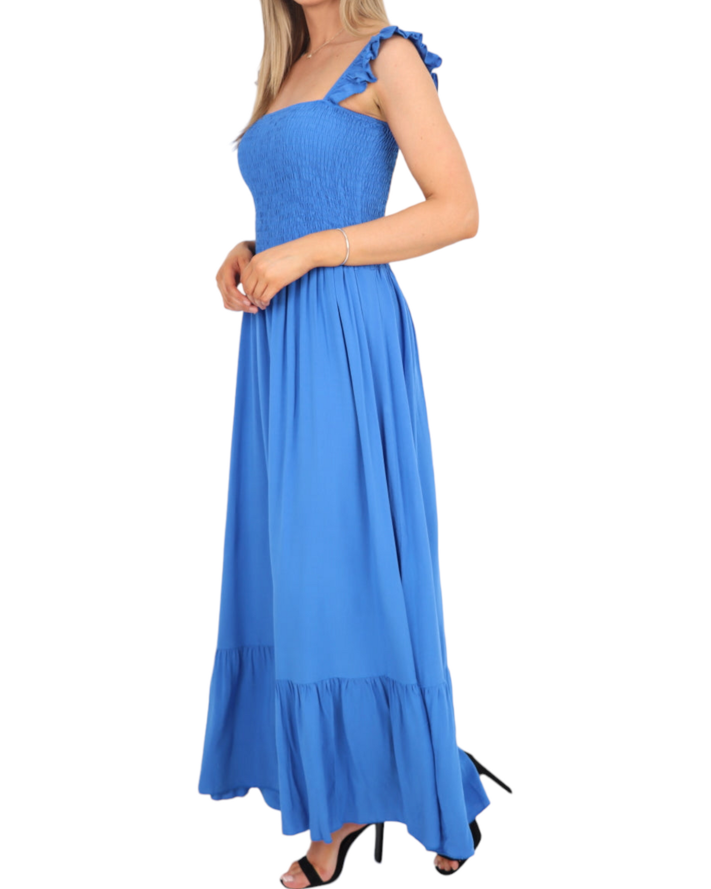 Frill Strap Shirred Elasticated Tiered Maxi Dress
