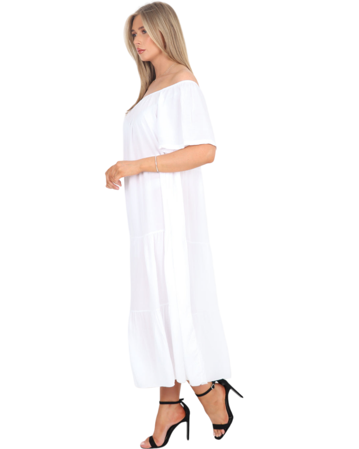 Plain Off The Shoulder Tiered Maxi Dress