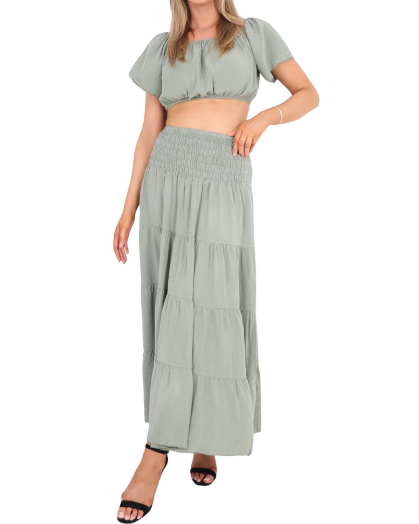 Bardot Crop Top and Maxi Skirt Set